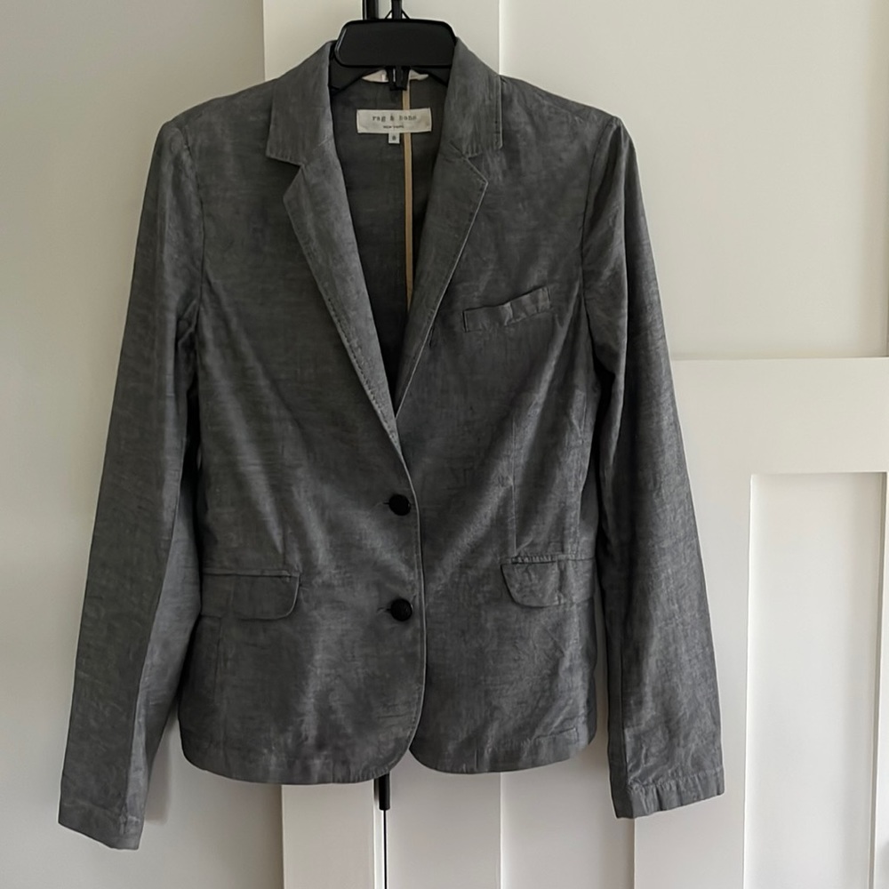 Rag & Bone Gray Oxford Cloth Chambray Fitted Tailored Blazer Jacket Sz 8